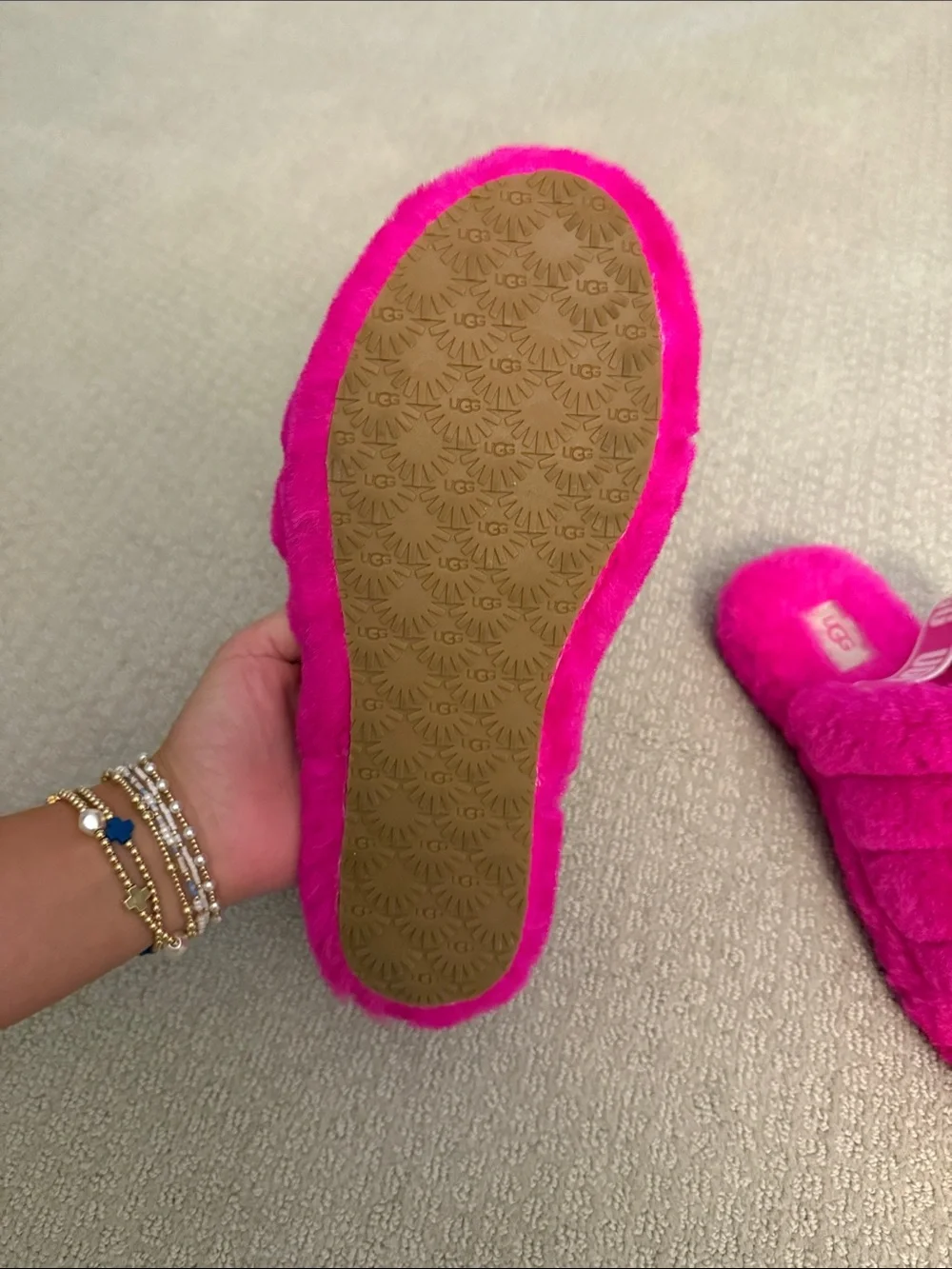 UGG Kids Hot Pink Plush Slide Slippers with Elastic Heel Strap